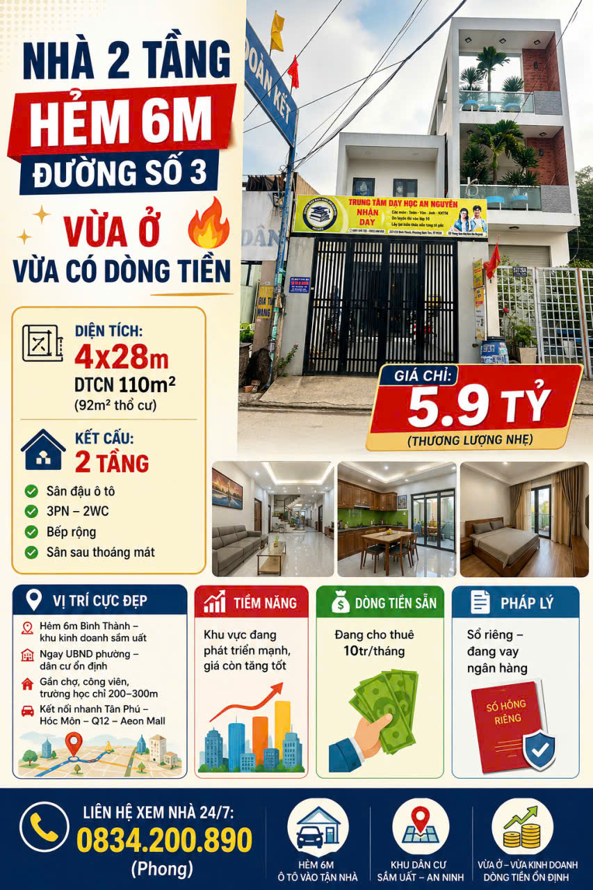 NHÀ 2 TẦNG – HẺM 6M – ĐƯỜNG SỐ 3   Giá 5.9 tỷ (thương lượng)